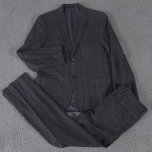 Jos A Bank 2-Piece Suit Mens 41 Long Pants 35x32 Gray Windowpane Reserve Napoli